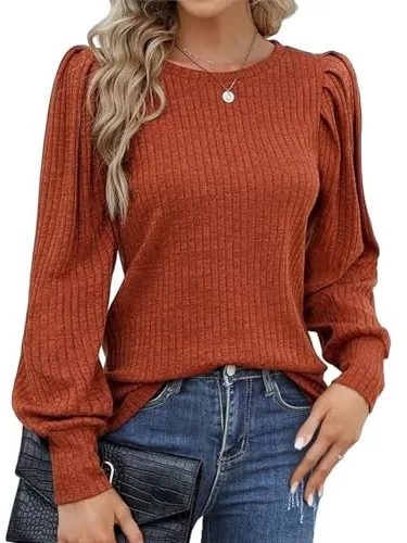 Hotouch Blusa de Mujeres Elegante Jersey Fino con Mangas abullonadas Cuello Redondo Manga Larga Tops Casual Otoño Túnicas Tops Caramelo M