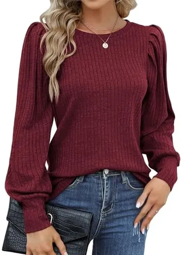 Hotouch Jersey de Mujer Casual Cuello Redondo Top Elegante Mangas abullonadas Blusa Ligera Otoño Manga Larga Túnica Tops Rojo M