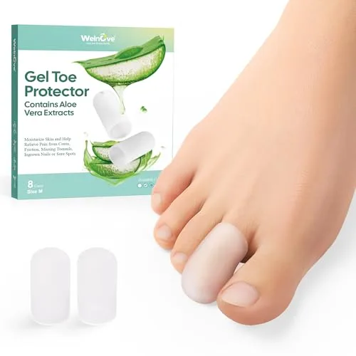 Welnove Gel Toe Cap and Protector - Silicone Toe Covers - Toe Cushions for Pain Relief, Missing or Ingrown Toenails, Corns, Calluses, Blisters - Infused Aloe Vera Extract (8 Medium, Clear)