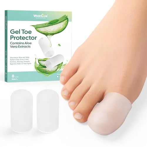 Welnove Gel Toe Cap and Protector - Silicone Toe Covers - Toe Cushions for Pain Relief, Missing or Ingrown Toenails, Corns, Calluses, Blisters - Infused Aloe Vera Extract (8 Large, Clear)