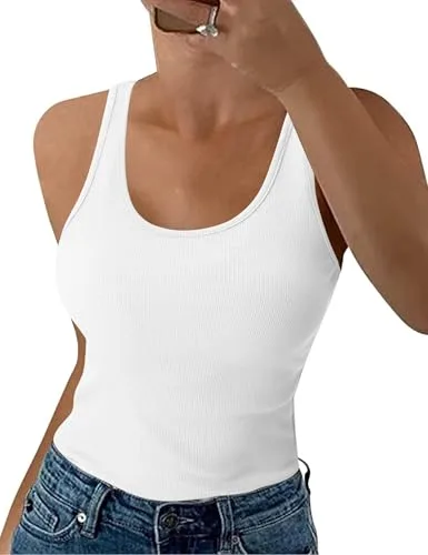 Aottori Camiseta sin Mangas Blanco para Mujer Verano Camisetas Tirantes Cuello Redondo Elegante Punto Básica Chalecos Tops Casual Sólido Elástico Ajustado Tank Shirt Blanco S