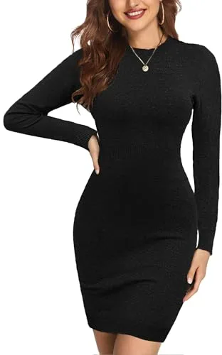 Zeagoo Vestidos de Punto para Mujer Cuello Redondo Vestido de Jersey Elegante Manga Larga Vestido de Lápiz con Punto Casual Vestidos Negro S