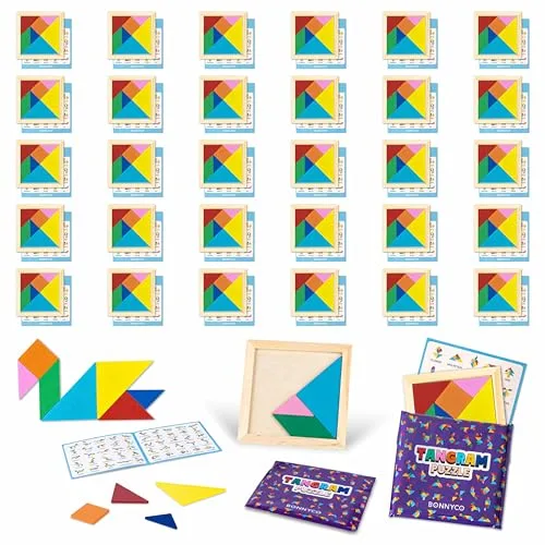 BONNYCO Tangram Infantil Pack 30 Regalos Cumpleaños Niños Colegio. Detalles Cumpleaños Niños, Relleno Piñata Infantil. Regalitos Invitados, Regalos Alumnos Primaria. Mini Juegos de Rompecabezas