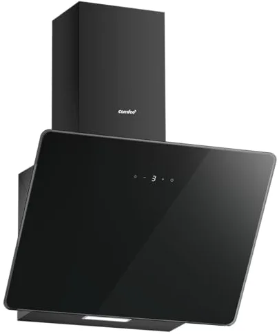 COMFEE' ANGJ64B-60 Campana Extractora Inclinada, 400m³/h, 60cm en Vidrio Templado, 3 Niveles de Velocidad, Pantalla Táctil LED, Recirculación Interna o Canalización, 60cm, Negro