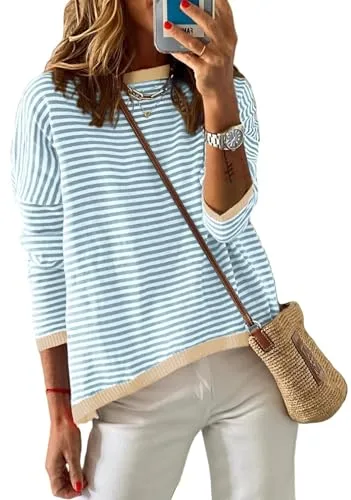 Cuptacc Jersey Mujer a Rayas Sudadera Manga Larga Cuello Redondo Algodón Casual Punto