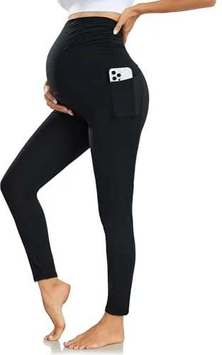 Nlieanuc Leggins Premama con Bolsillos Leggins Embarazada Mujer Cintura Alta Pantalones Premama Ropa Maternidad Elásticos Suave