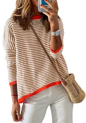 Cuptacc Jersey Mujer a Rayas Sudadera Manga Larga Cuello Redondo Algodón Tops Casual