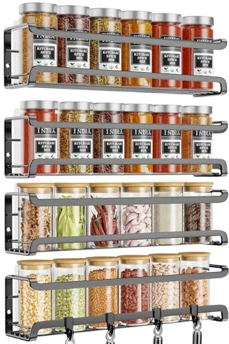 TRAYINDALY Especieros Para Cocina, 4 Piezas Organizador Cocina, Organizador Especias Cocina sin Taladrar, Metálica Especiero Negro Para Cocina Armarios y Baño