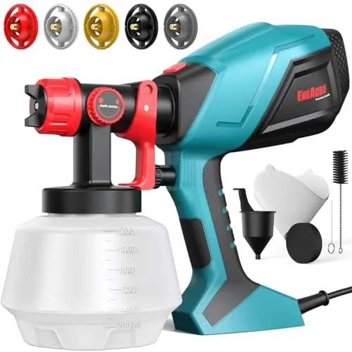 ENEACRO HVLP Pistola de Pintura, 700W Pulverizador Eléctrico con Contenedor de 1200ml, Flujo y Ángulo de Rociado Ajustables, 5 Boquillas de Latón para Interiores y Exteriores