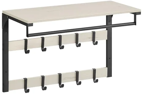 VASAGLE Perchero de Pared, Perchero Colgante con 10 Ganchos Extraíbles, Doble Fila de Ganchos y Barra de Colgar, para Pasillo, Dormitorio, Baño, Blanco Vintage y Negro LCR101W03