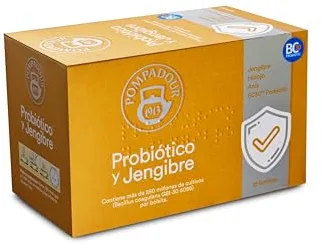Pompadour | Probiótico y Jengibre | Ayuda a la Flora Intestinal | Con Probiótico BC30 | Sin Teína | 15 Bolsitas de 1,75 Gr