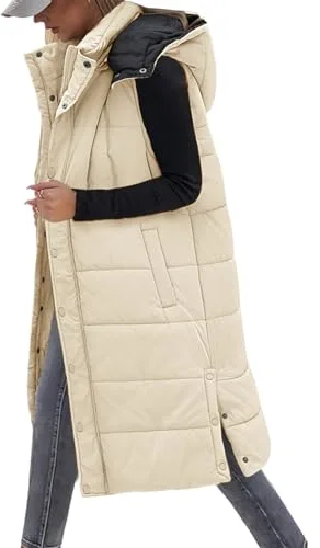 Tuopuda Chaleco Largo para Mujer de Capucha con Cremallera Chaleco Acolchado de Plumas Chaqueta de Invierno sin Mangas Abrigo de Cálidos on Bolsillos(Caqui,XL)