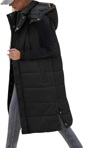 Tuopuda Chaleco Largo para Mujer de Capucha con Cremallera Chaleco Acolchado de Plumas Chaqueta de Invierno sin Mangas Abrigo de Cálidos on Bolsillos(Negro,L)