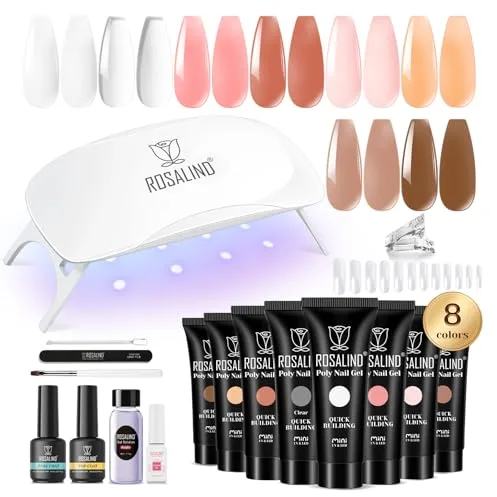 ROSALIND Gel Extensión de Uñas Kit Completo 8 Colores, Mini Uñas de Gel Set con Portátil UV Lámpara, Base Top Coat y Herramientas Manicura, Poligel Kit Completo para Principiante Nail Art