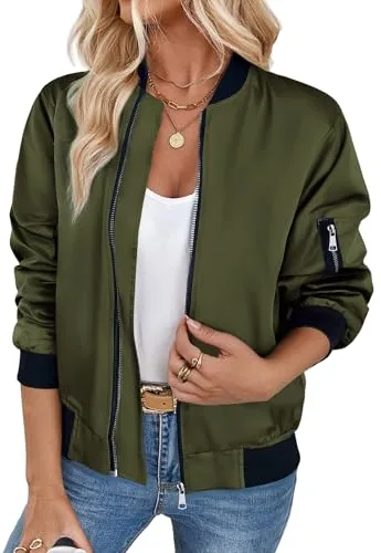 Zeagoo Chaqueta para Mujer Bomber Ligera Corto otoño Invierno Manga Larga cremalleras Cazadora Moda casual Abrigo Verde militar m
