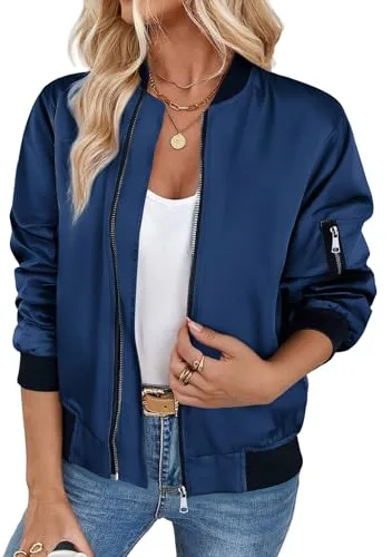 Zeagoo Chaqueta para Mujer Bomber Ligera Corto otoño Invierno Manga Larga cremalleras Cazadora Moda casual Abrigo azul marino L