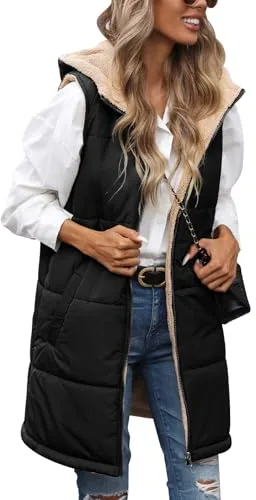 Tuopuda Chaleco Acolchado Mujer con Capucha Chaqueta de Larga Sin Mangas con Cremallera Cálidos Chaleco de Forro polar Invierno Outwear con Bolsillos(Negro,L)