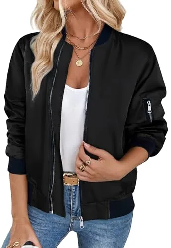 Zeagoo Chaqueta para Mujer Bomber Ligera Corto otoño Invierno Manga Larga cremalleras Cazadora Moda casual Abrigo Negro m