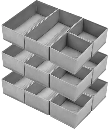 DIMJ Organizadores de Cajones 12 Cajas de Almacenaje Plegables de Tela Organizadores de Armarios Separadores de Cajones Cubos de Almacenaje para Sujetadores, Calcetines, Corbatas, Bufandas(Gris Claro)