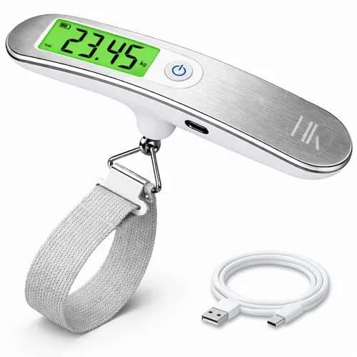 HKaizen Báscula Maletas Viaje Recargable USB-C (50 kg) | Pesa Maletas de Viaje Digital con Pantalla LCD | Balanza de Equipaje Portátil y Precisa