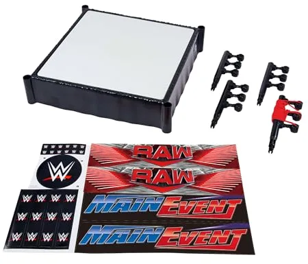 Mattel WWE Ring de superestrellas con pegatinas de Main Event y RAW, colchoneta con muelles y cuerdas elásticas tensadas, JDJ20