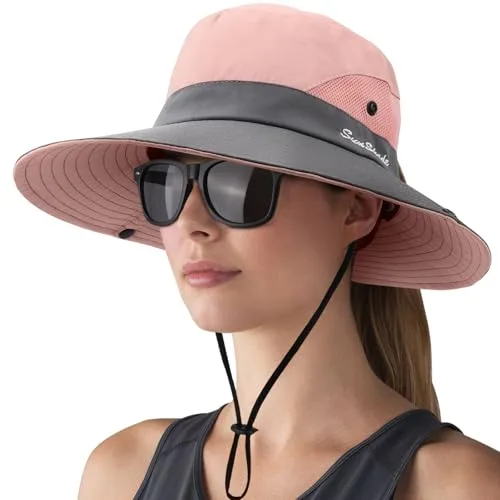 DRESHOW Mujer Sol Sombrero Al aire Libre UV Protección Sombrero Plegable Ala Ancha Pesca Ponytail Playa Bucket Sombreros con Gafas