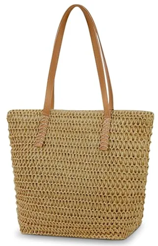 Aucuu Bolsa de hombro de paja para mujer, bolsa de playa, bolso grande con cremallera, bolso de mano bohemio de verano para viajes al aire libre y playa, caramelo, 26 * 22 * 4.5cm
