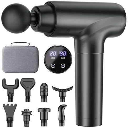cotsoco Pistola de Masaje Muscular, Masajeador Eléctrico de Tejido Profundo con 20 Velocidades, 9 Cabezales Intercambiables, Pantalla LCD Táctil, Silencioso y Potente para Aliviar el Dolor
