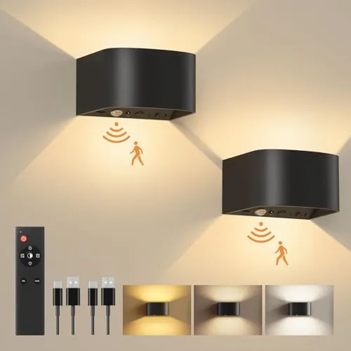 FULEN Lámpara de Pared con Sensor de Movimiento y Control Remoto, 3 Colores, luz de Pared Inalámbrica LED,Aplique de Pared Arriba y Abajo,Batería Recargable de 5000mAh,Brillo Ajustable,Negro 2 Piezas