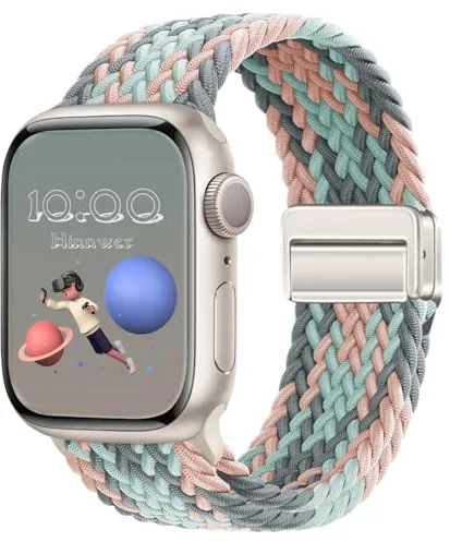 Hinnwer Trenzadas Correa para Apple Watch Pulsera 41mm 42mm 40mm 38mm, Pulsera Elástica Nailon con Cierre Magnético Diseñadas para iWatch SE 3 SE 2 SE Series 11 10 9 8 7 6 5 4 3 2 1 Gris Azul Rosa