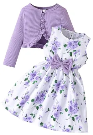 Yanmucy Pequeñas Niñas Vestidos con Cardigan Conjuntos 2 PCS Bebé Niñas Vestidos Florales Niños Pequeños Manga Larga Abrigo Ropa de Niñas para 2-8 Años (FR/ES, Edad, 4 años, 5 años, Regular, Morado)