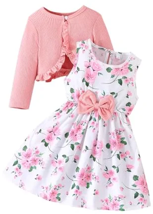 Yanmucy Pequeñas Niñas Vestidos con Cardigan Conjuntos 2 PCS Bebé Niñas Vestidos Florales Niños Pequeños Manga Larga Abrigo Ropa de Niñas para 2-8 Años (FR/ES, Edad, 6 años, 7 años, Regular, Rosa)
