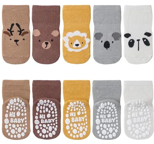 SockWaddles Calcetines Antideslizantes Niño 5 Pares – Calcetines Bebé Algodón Transpirable, ABS para Gatear, Diseño Animales, Niños y Niñas, Diseño de panda, 1-3 Jahre