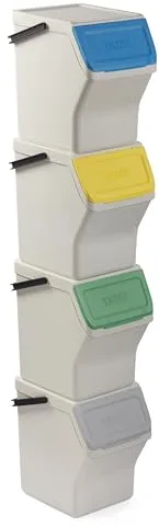 Tatay Cubos de Basura Reciclaje Easy Waste 20L | Set de 4 | Diseño Modular y Apilable | Tapa con Sistema Click | Asa de Transporte Integrada | Hecho de Material Reciclado | 35x27x36 cm - Blanco