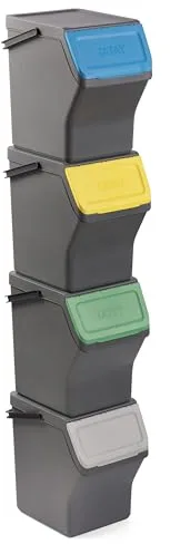 Tatay Cubos de Basura Reciclaje Easy Waste 20L | Set de 4 | Diseño Modular y Apilable | Tapa con Sistema Click | Asa de Transporte Integrada | Hecho de Material Reciclado | 35x27x36 cm - Gris