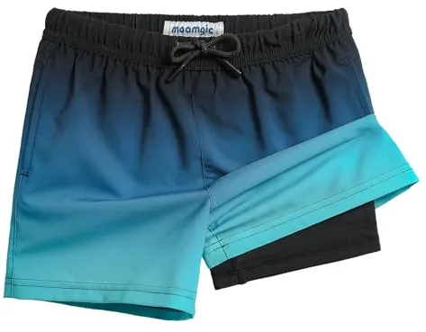 MaaMgic Bañador Niño con Forro 2 en 1 de Compresión y Cintura Ajustable Shorts Traje de Baño Bañador Corto de Natación Secado Rápido VÍA Multiple,Azul y Negro,10-12 años