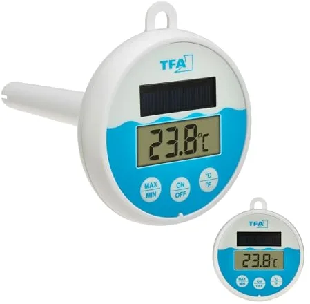 TFA Dostmann Termómetro digital para piscina con energía solar, 30.1068.02, flotante en el agua, para estanque o jacuzzi, con cuerda de fijación (1 m), funciona con energía solar,