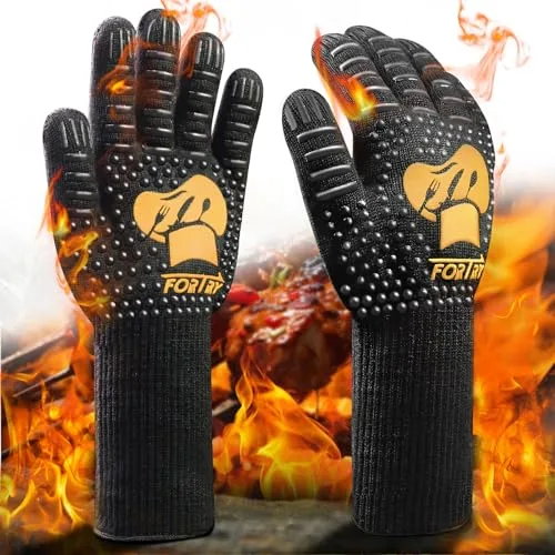 FORTRY Guantes Barbacoa Altas Temperaturas hasta 800°C, Guantes Horno Antideslizantes, Guantes Cocina, Guantes Chimenea Transpirables, Guantes Ignífugos, Guantes para Horno, para Parrilla (L-XXL)