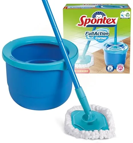 Spontex Full Action Corner set de cubo y fregona/mopa giratoria | Llega a todos los rincones | Fácil sistema de escurrido y aclarado con giro de 360° | Limpia suelos laminados, de madera y baldosas