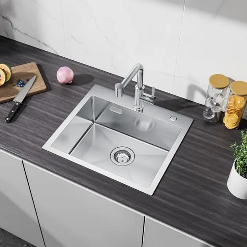 CECIPA Fregadero de acero inoxidable con orificio para grifo, 50 x 45 cm, rectangular, con sifón y más, para encimeras a partir de 50 cm