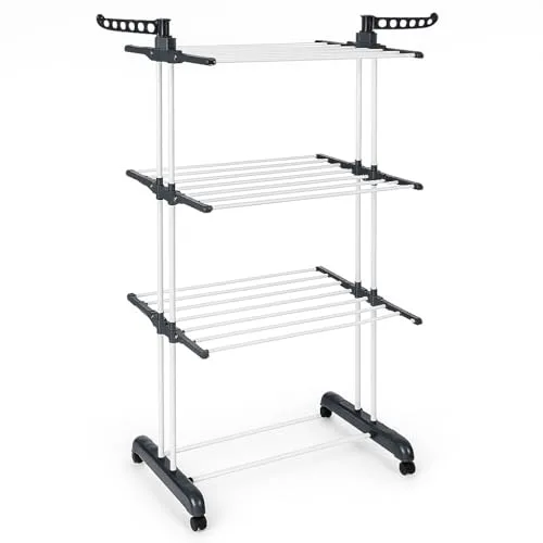 T-LOVENDO.ES Tendedero Vertical Plegable De Alta Capacidad de Ropa - 4 Niveles con Barras de Acero Inoxidable con Dos Alas Laterales Amplio Espacio para Secar. Ruedas Incluidas. Gris.