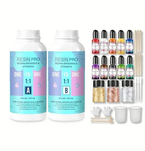 Resin Pro ® Resina Epoxi Transparente 1:1 Kit de inicio 500 gr resina + 29 accesorios útiles para Fabricación de Joyas, Creaciones Artísticas, Fácil de Usar, Resina apta para Principiantes