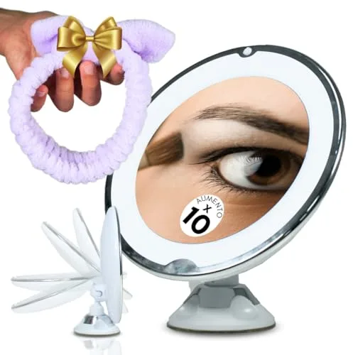 Genérico Espejo Maquillaje con luz LED, Espejo Aumento X10, Gratis Diadema Maquillaje, Ventosa de Pared y Giratorio, a Pilas (no Vienen Incluidas) Espejo para Baño.