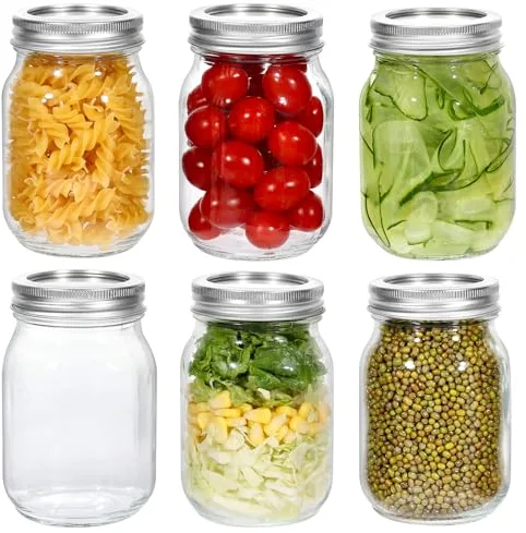 Tarros de Cristal 500 ml, Pack de 6 Tarros de vidrio con tapa dividida, Tarro de Albañil, Tarros de conservas, Tarros herméticos para el almacenamiento de alimentos, mermelada, especias, velas, miel