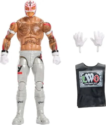 Mattel WWE Elite Series125 Rey Mysterio Figura de acción y Accesorios, Figura de acción Coleccionable de 15,24cm con 25puntos de articulación y Manos Intercambiables, JHT67