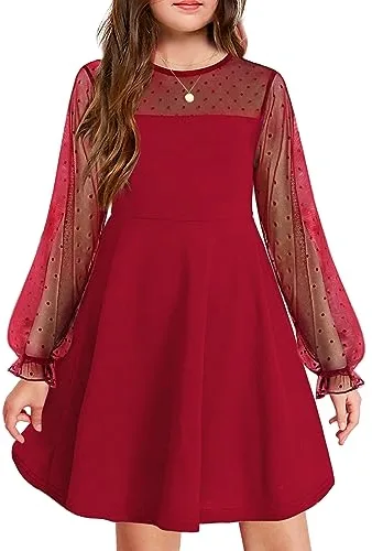 Arshiner Vestido Niñas Fiesta de Bodas Festivo Vestido de Manga Larga Vestido Informal Vestidos de Princesa Niños Adolescentes Ropa Vino Rojo 165