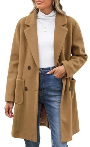 CMTOP Abrigo Mujer Lana Cuello en V Solapa Abrigos Invierno Largo Térmico Chaqueta Otoño Invierno de Lana Chaquetas Recto Doble Faz de Elegantes con Bolsillos(Camel, M)