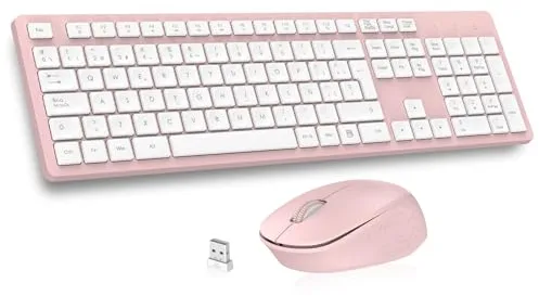 LeadsaiL K786 Teclado y Raton Inalámbrico QWERTY Español, 2.4G Pack Teclado Raton Inalambrico, Ergonómico, Receptor USB 2 en 1, Tamaño Completo Teclado y Mouse para Mac, PC, Ordenador Portátil-Rosa