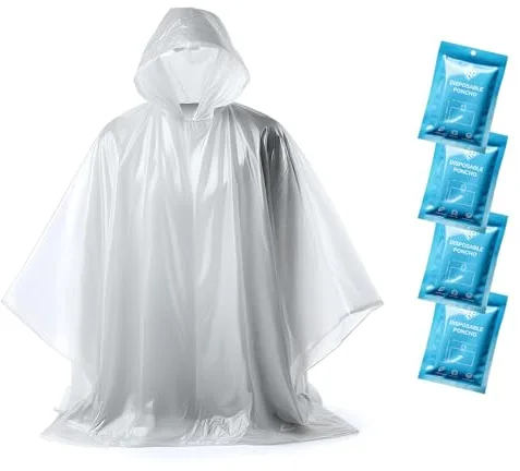 Poncho Impermeable Mujer y Hombre - Poncho Lluvia Mujer Hombre - Capa Lluvia Mujer Impermeable - Poncho Transparente Desechable - Poncho Festival, bicicleta, senderismo con capucha - Paquete de 4