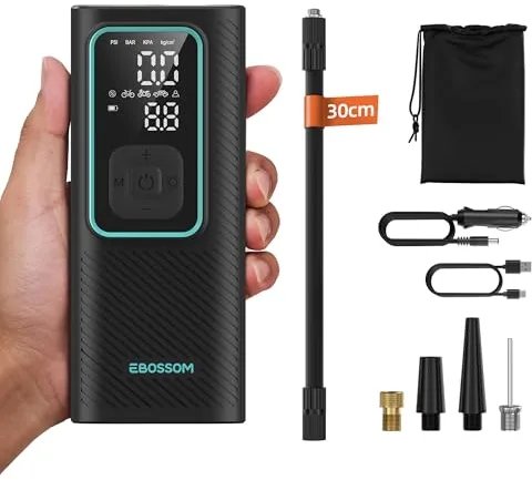 Compresor Aire Portátil de 10,3Bar, Inflador Ruedas Coche a Batería 6000 mAh y 12V DC, Mini Inflador Electrico para Auto, Moto, Bicicleta y Pelota, Bomba de Aire con Función de Luz LED, Carga USB-C